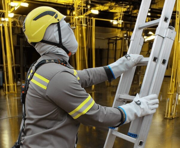 Eletricista utilizando uniforme NR10 e equipamentos de segurança ao subir escada em ambiente industrial.